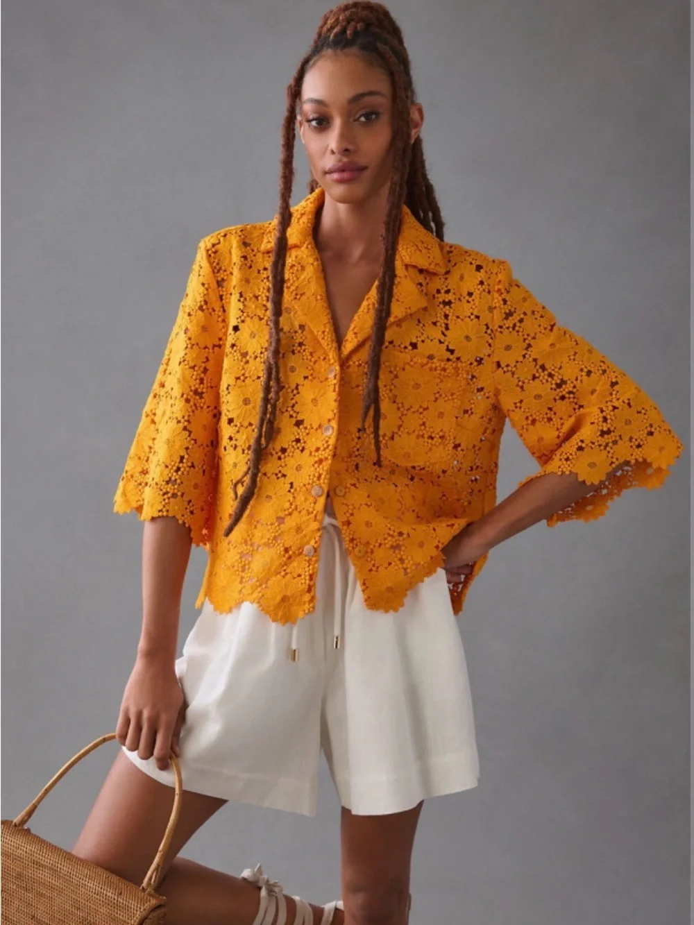 Anthropologie new Maeve Floral Lace Button down short sleeve shirt L boho resor